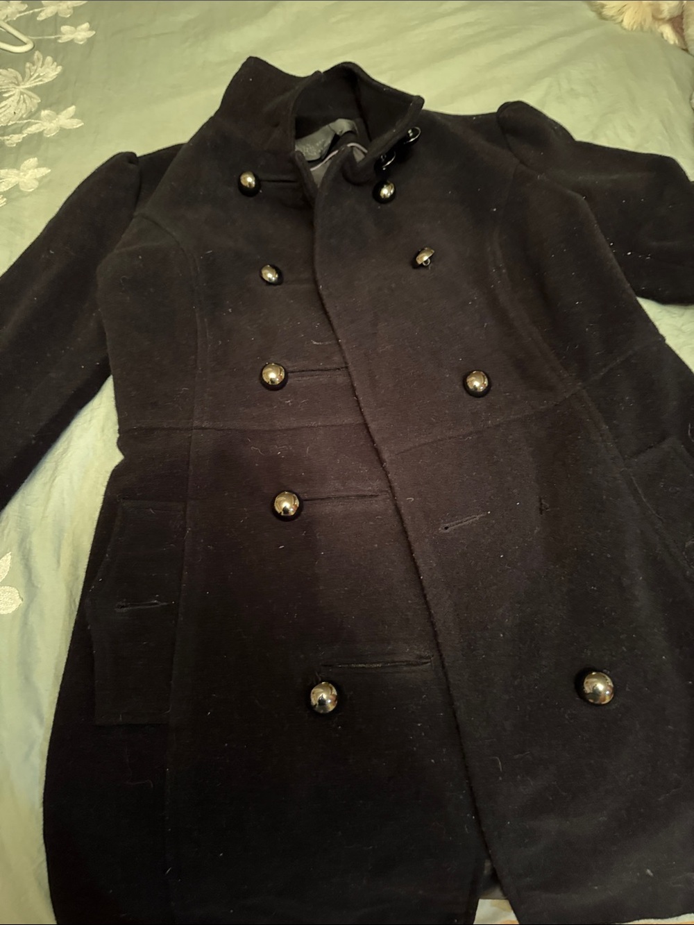 Urban Behavior Black Double-Breasted Pea Coat with Shiny Buttons